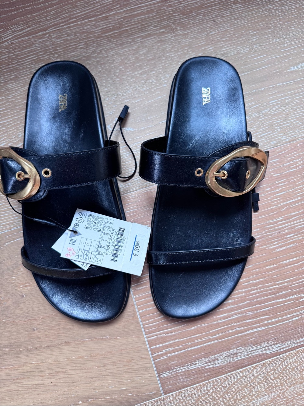 ZARA Black Slide Sandals with Oversized Gold Buckle